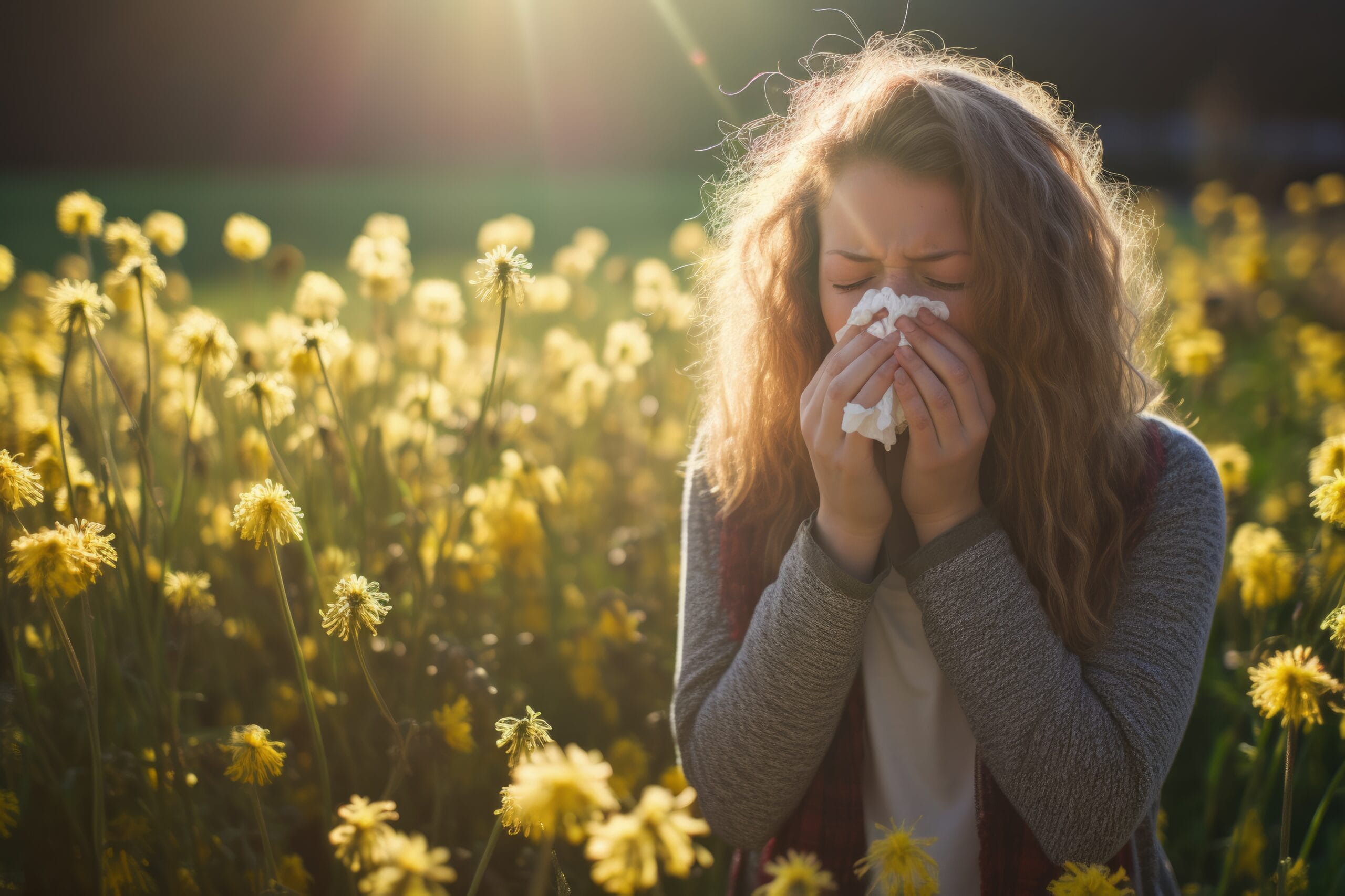 mulher-que-sofre-de-alergia-por-ter-sido-exposta-ao-polen-de-flores-ao-ar-livre